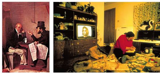 R. C. Woodvilleren Politikarien arteko eztabaida koadroa. Emakume inuit bat, telebista piztuta duela bere lanak egiten.<br><br>